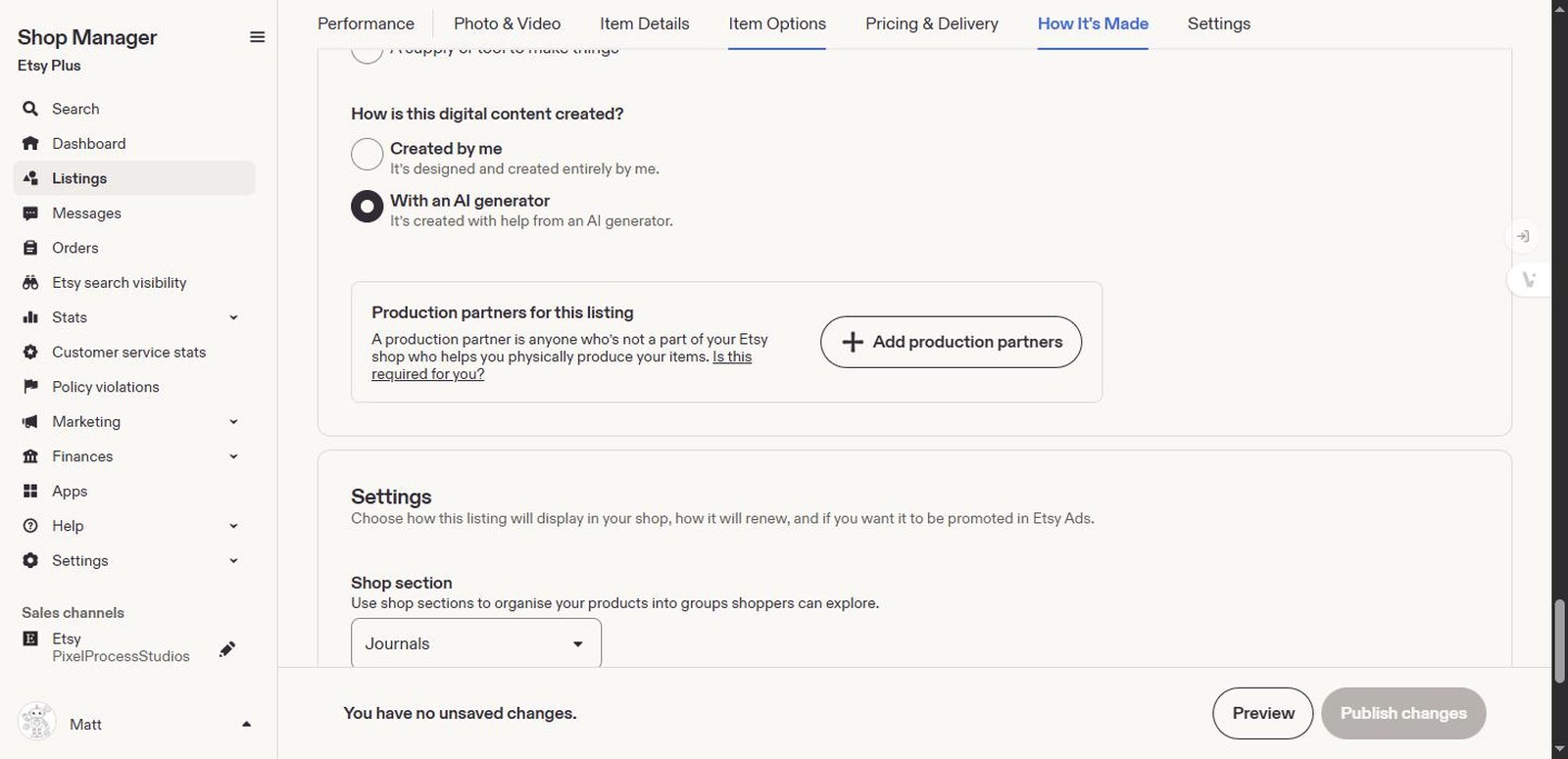 A real Etsy listing editor screen showing the AI-disclosure field set to 'With an AI generator' and the shop section auto-set to 'Journals'