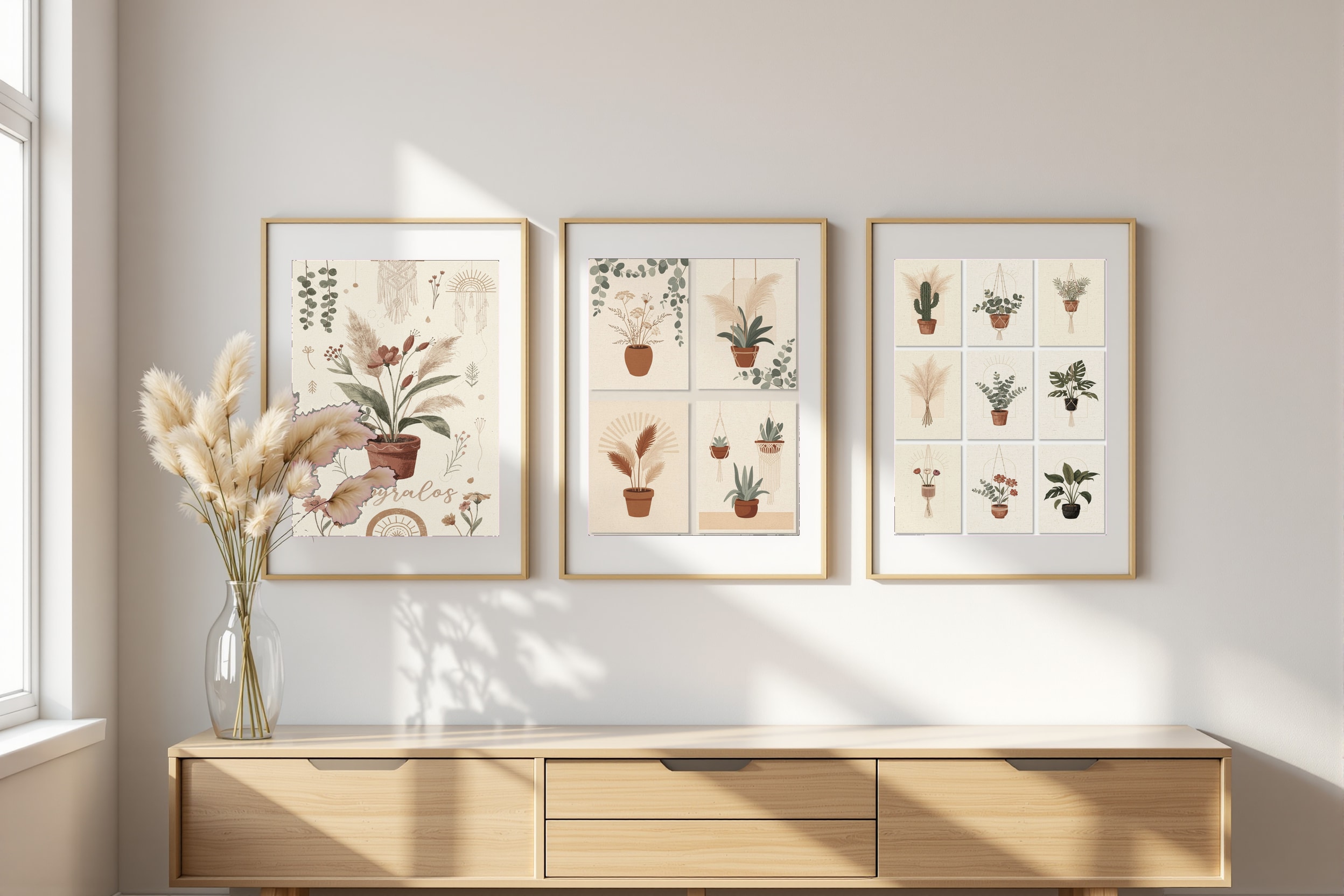 Botanical gallery wall art set styled in a bright living room