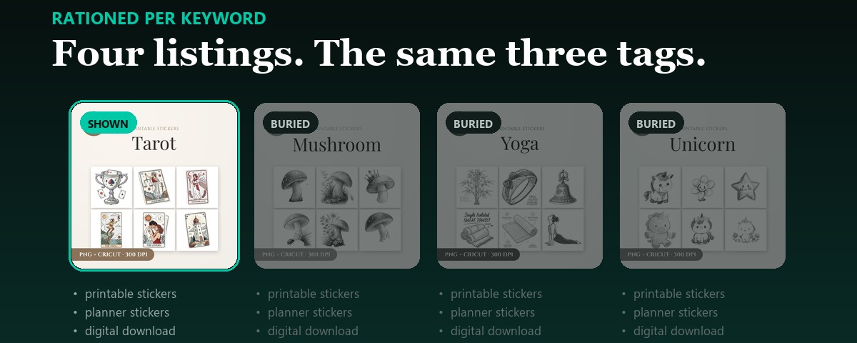Four different sticker-sheet listings from one shop, all carrying the same three tags, with one shown in search and three buried behind it