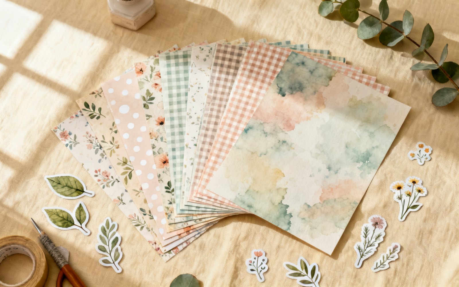 Flat-lay of printable digital scrapbook papers and clipart on a linen surface