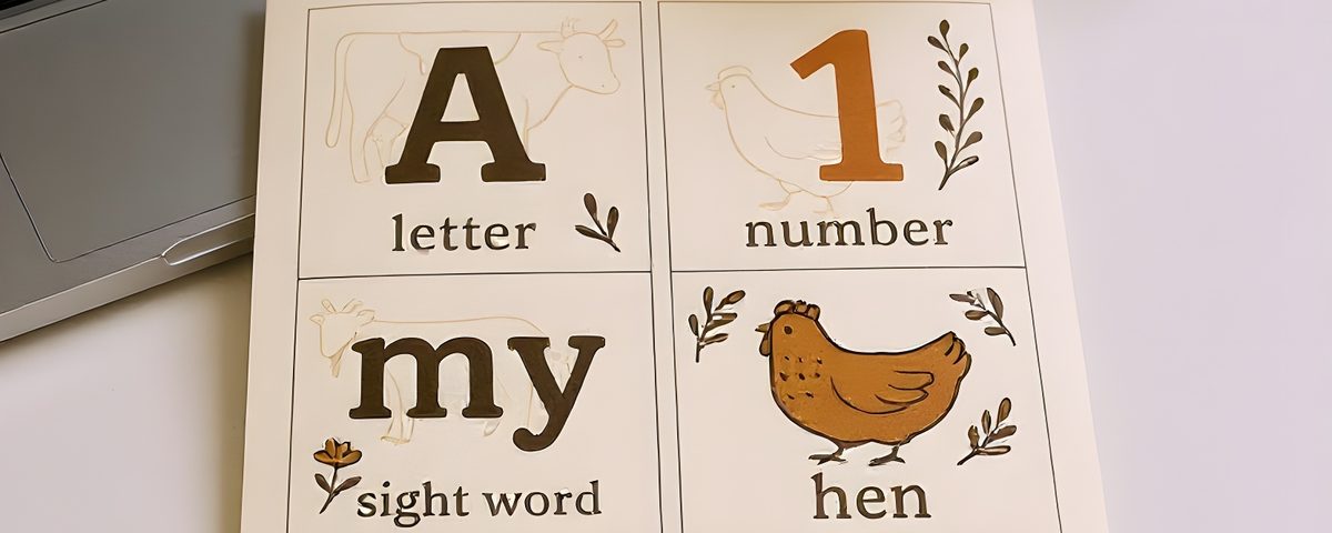 Printable learning sheets on a workspace