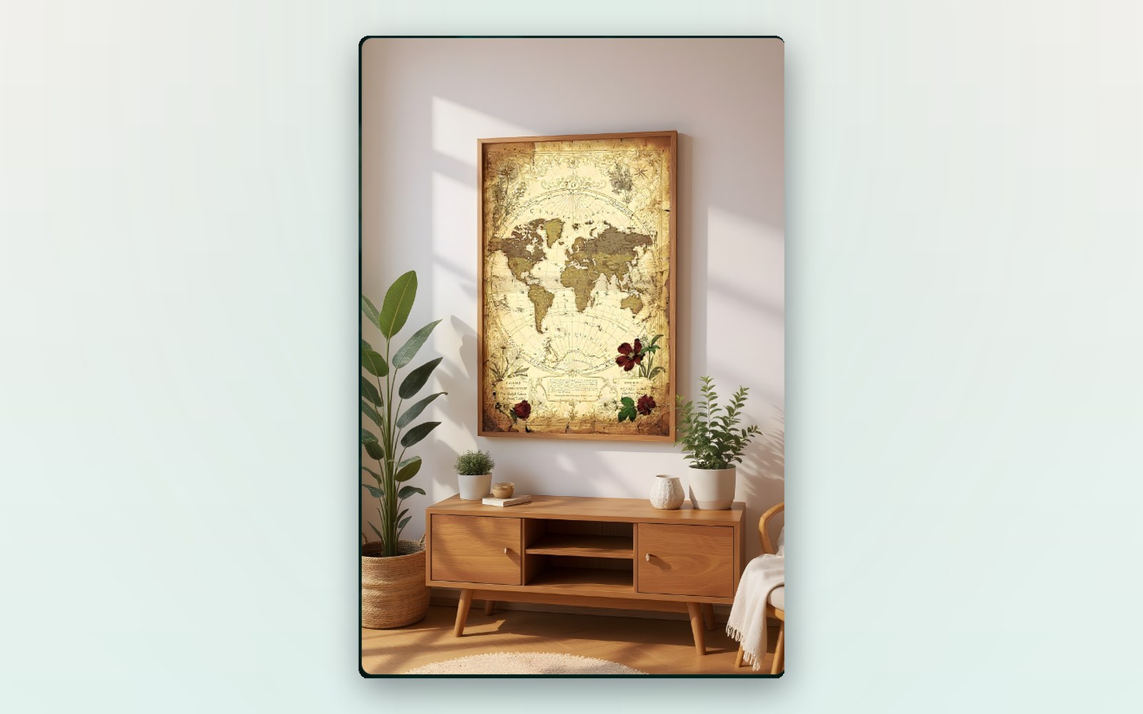 A framed vintage world map art print styled on a wall above a wooden console, a digital product made with PromptlessPress