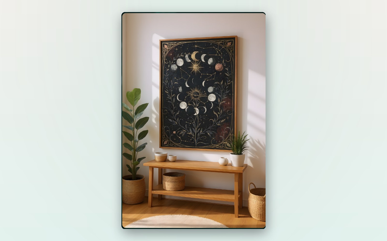A framed celestial moon-phase art print styled on a wall above a wooden bench, a digital product made with PromptlessPress