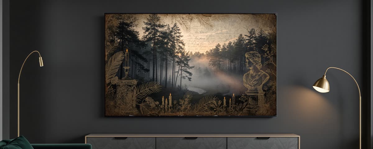 Moody landscape art displayed on a Samsung Frame TV