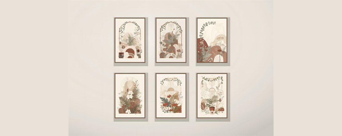 Boho botanical gallery wall set of 6 prints styled on a wall