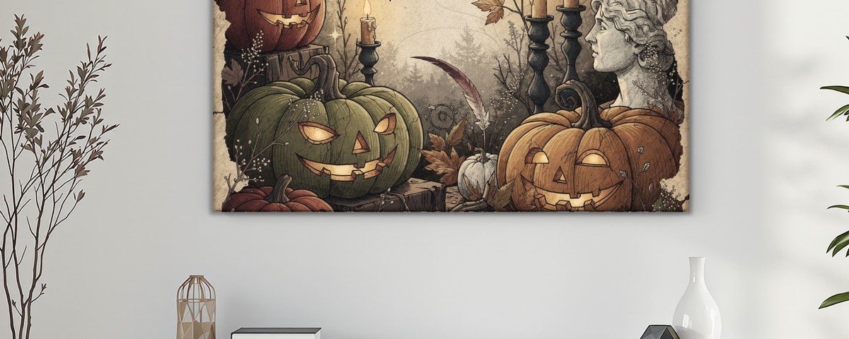 Halloween wall art in a dark academia style, framed in a room