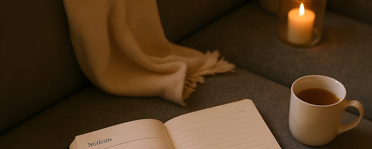 Open printable journal with a candle and coffee