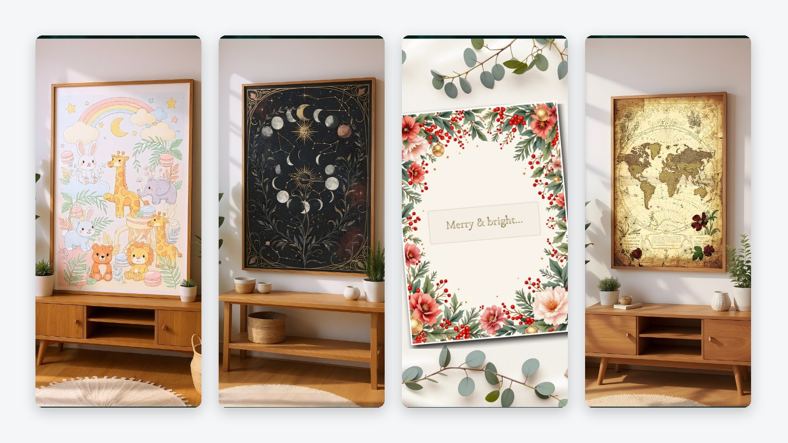 Four digital product mockups made with PromptlessPress: nursery wall art, celestial wall art, a floral greeting card and a vintage world map print