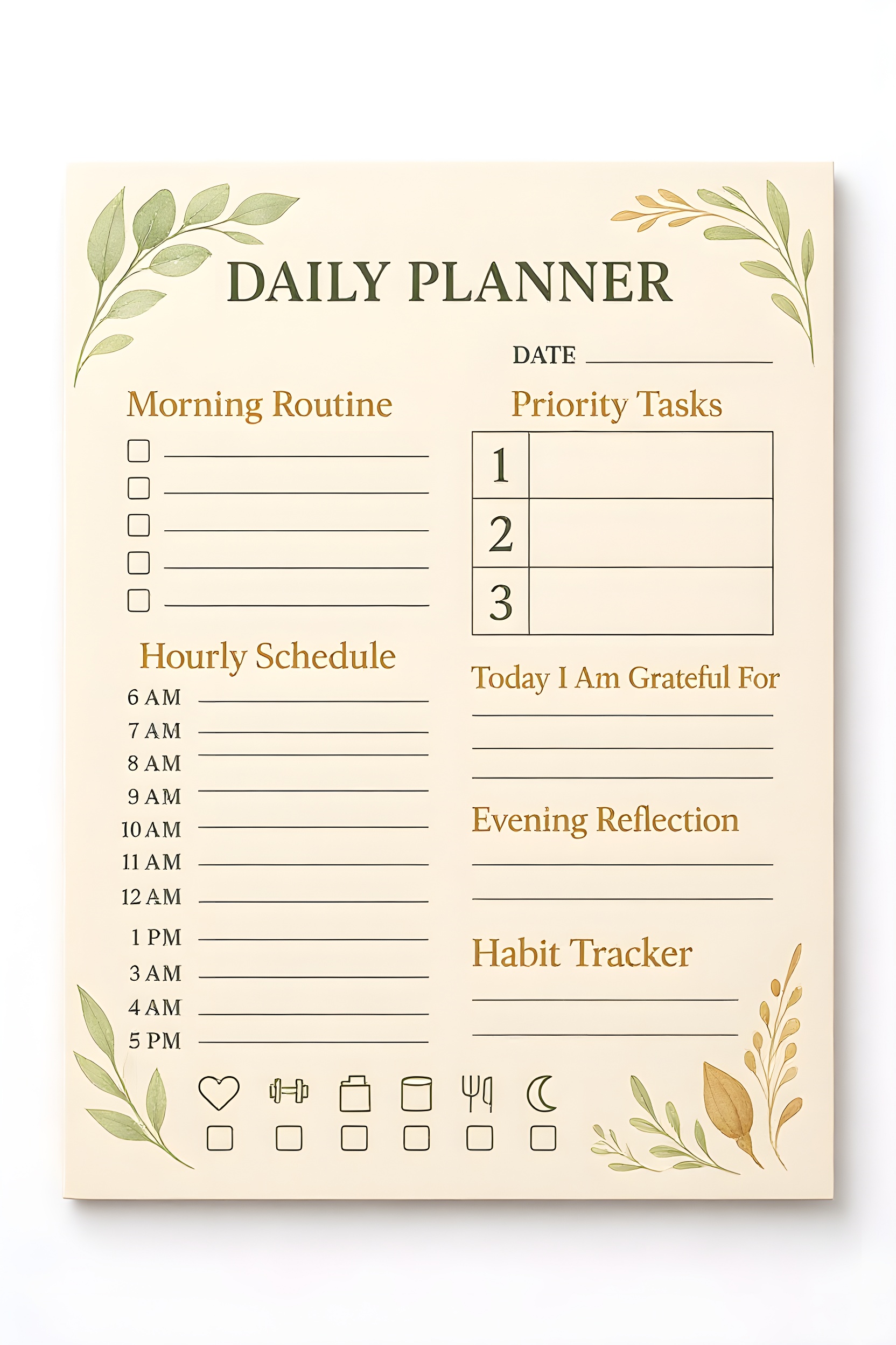 Printable daily planner page with a habit tracker and schedule
