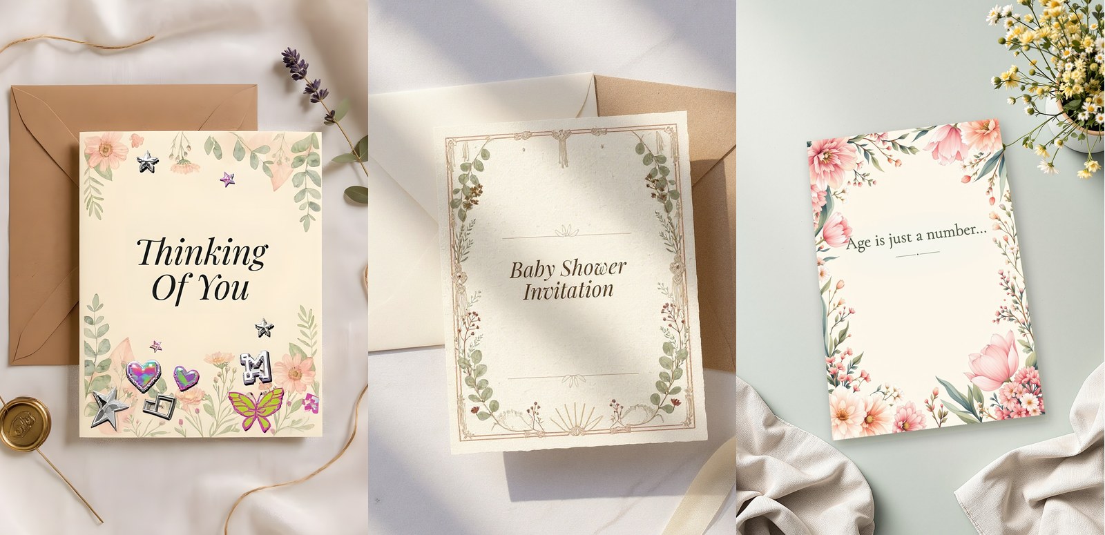 Three different printable Etsy greeting card designs shown side by side, each with its own floral border and occasion
