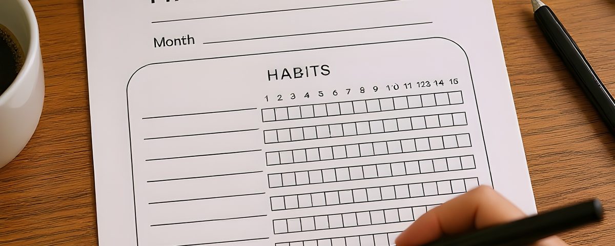 Printable habit tracker on a desk with a pen