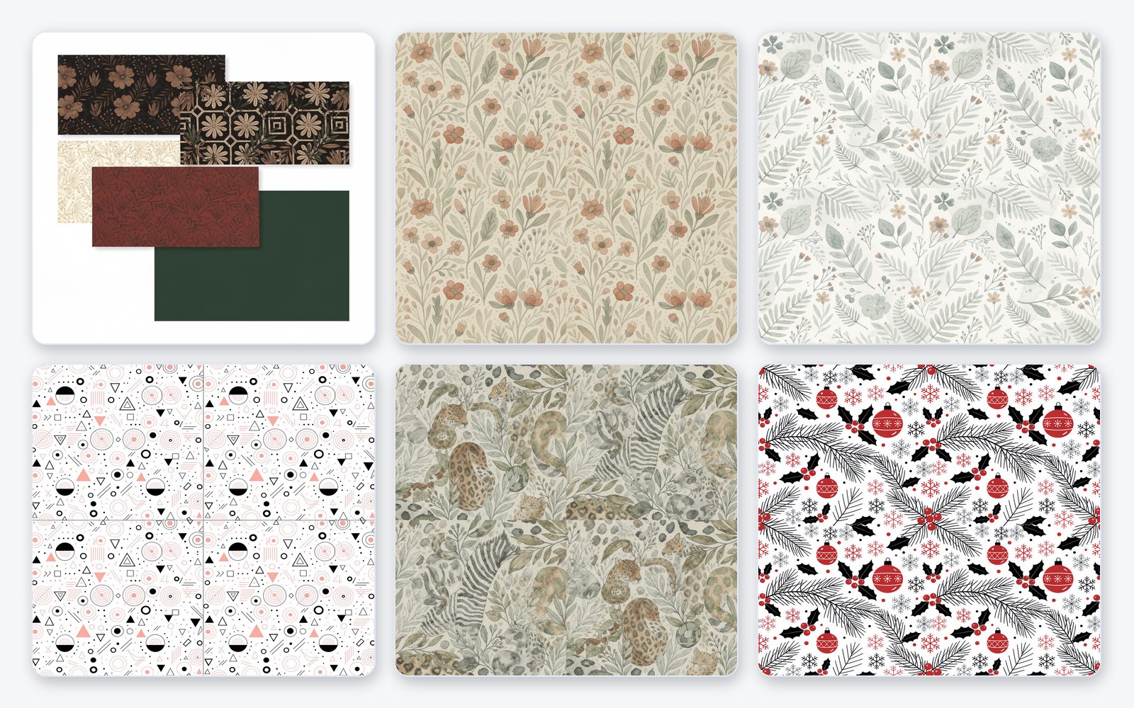 A grid of six real digital paper designs, floral, watercolor botanical, geometric, animal print and festive patterns, made with PromptlessPress