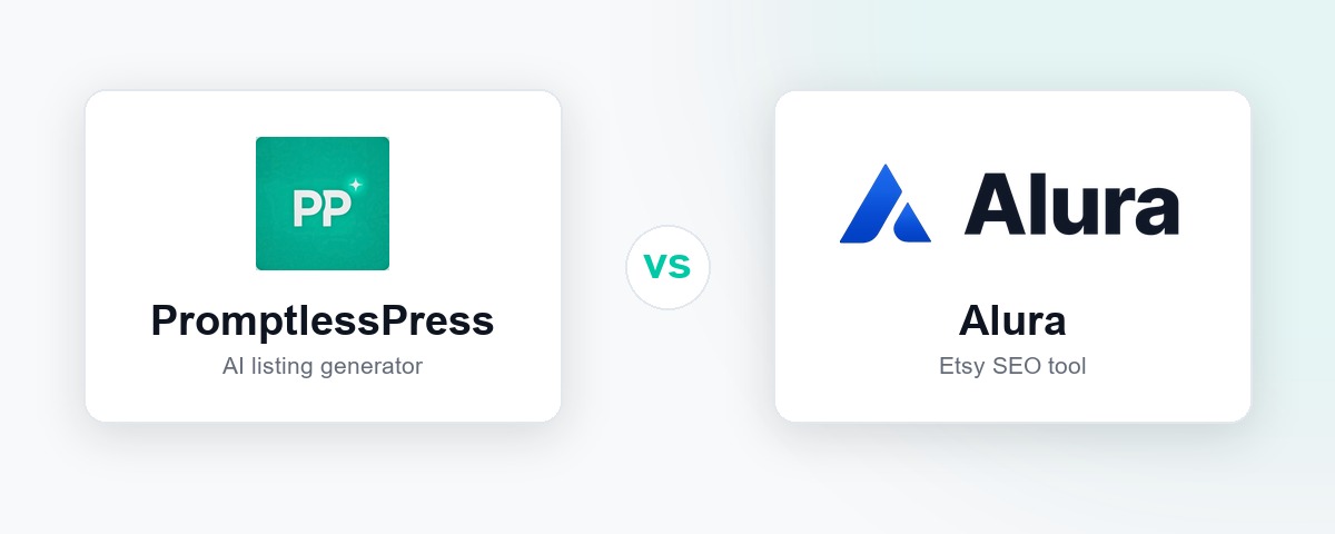 PromptlessPress and Alura logos side by side for an Etsy SEO tool comparison