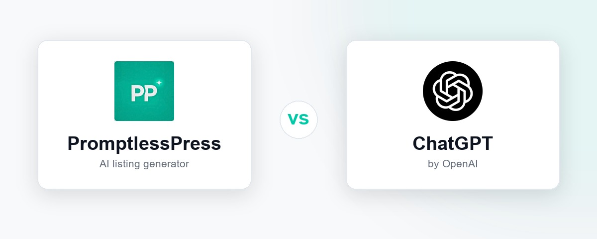 PromptlessPress and ChatGPT logos side by side for an Etsy listing tool comparison