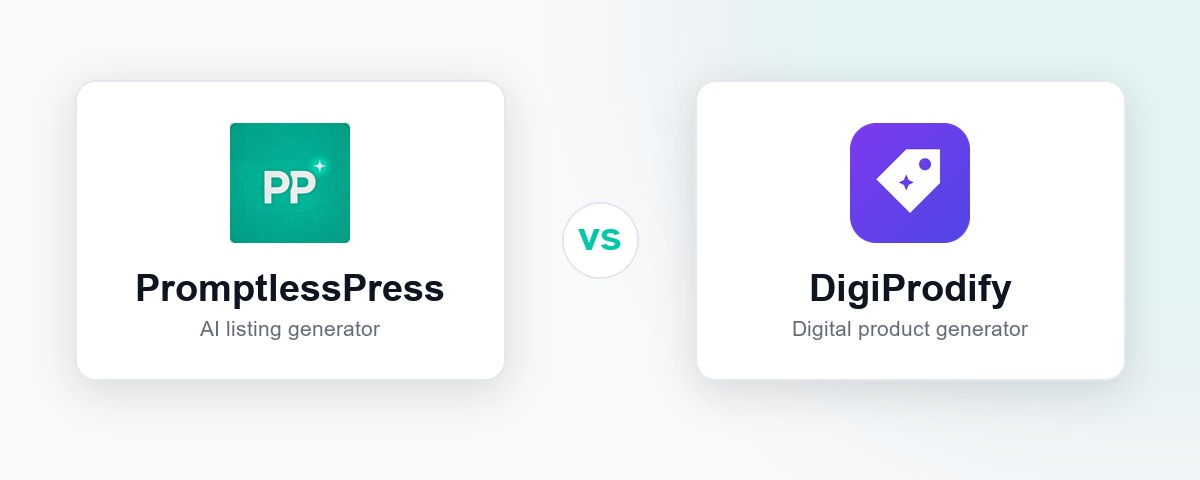 PromptlessPress and DigiProdify logos side by side for a digital product generator comparison