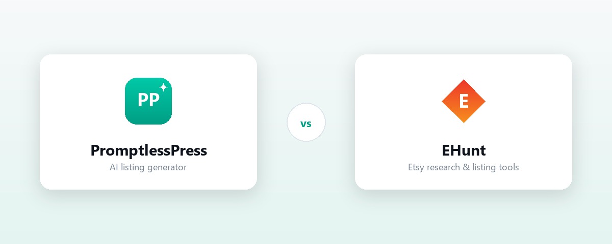 PromptlessPress and EHunt logos side by side for an Etsy research and listing-tool comparison