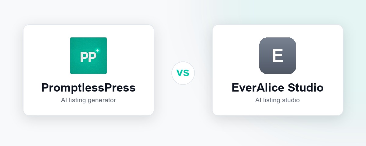 PromptlessPress and EverAlice Studio logos side by side for an AI listing tool comparison