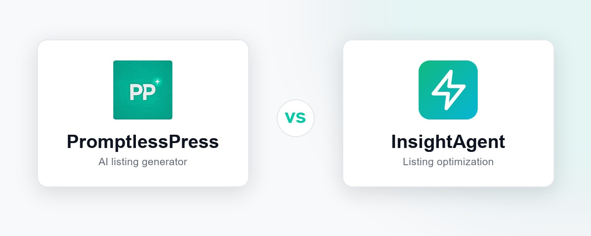 PromptlessPress and InsightAgent logos side by side for a listing optimization tool comparison