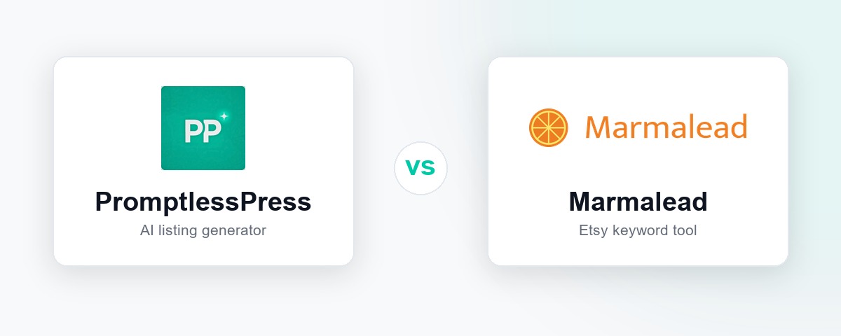 PromptlessPress and Marmalead logos side by side for an Etsy keyword tool comparison