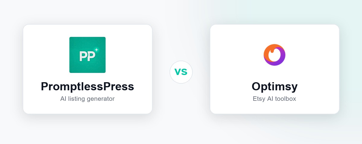 PromptlessPress and Optimsy logos side by side for an Etsy AI toolbox comparison