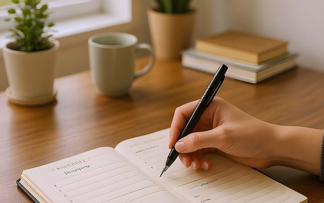 Person planning at a desk with a printable planner